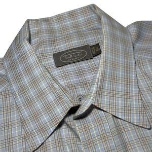 Talbots Mens Blue Grey Plaid Button Down Shirt 100% Cotton Size 17 34/35